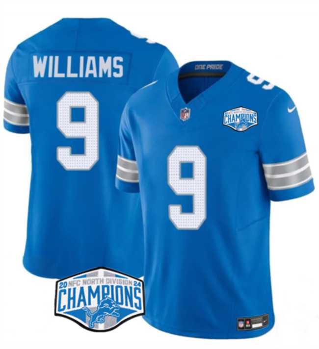 Mens Detroit Lions #9 Jameson Williams Blue 2024 NFC North Champions F.U.S.E. Vapor Limited Stitched Jersey